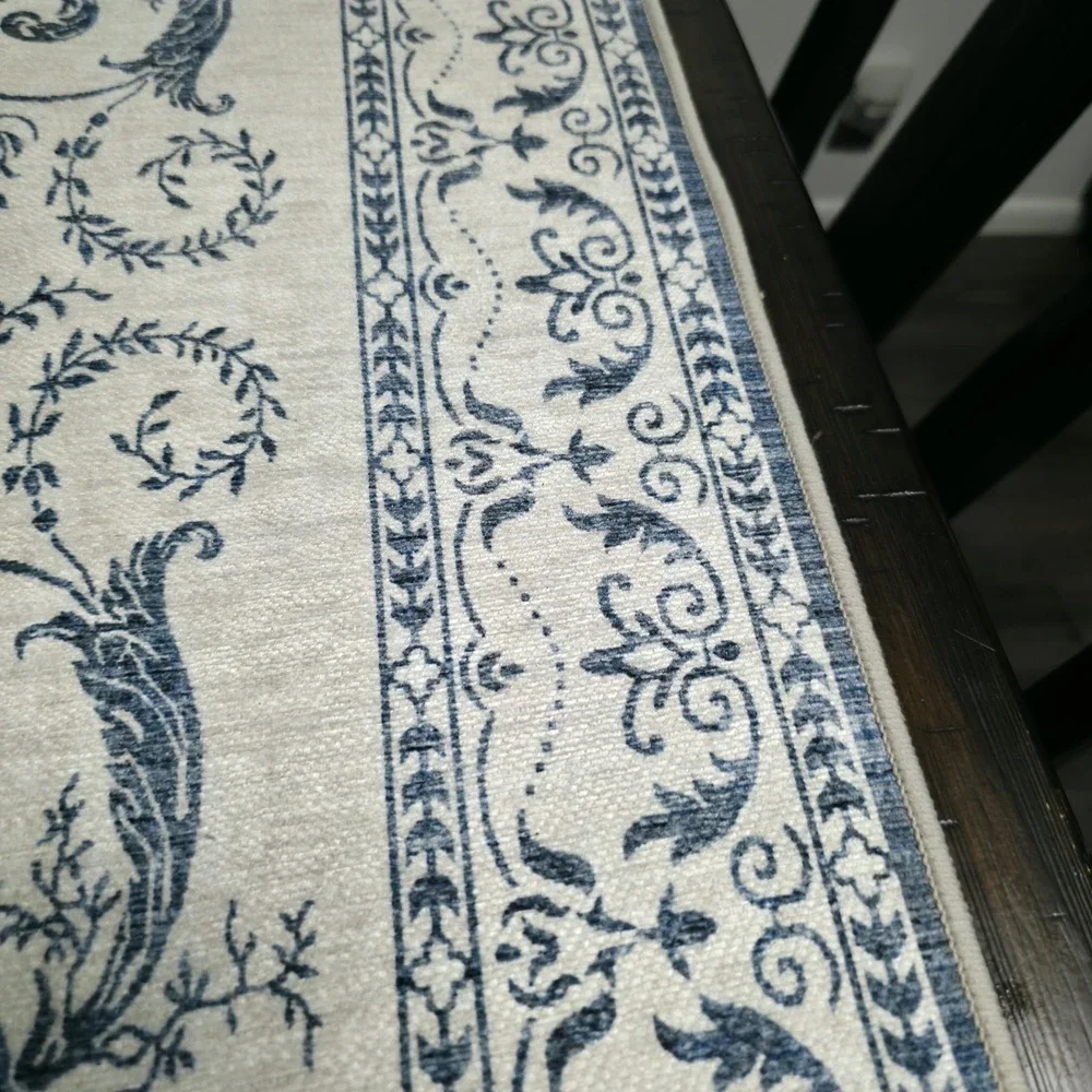 Laura Ashley Aure Blue Beige Floral Border Area Rug Machine Washable 44x25